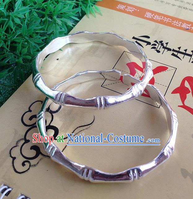 Traditional Chinese Miao Nationality Accessories Bracelet, Hmong Female Ethnic Pure Sliver Bamboo Bangle for Women