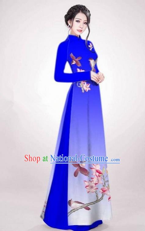 Top Grade Asian Vietnamese Traditional Dress, Vietnam Ao Dai Dress Royalblue Cheongsam Clothing for Women