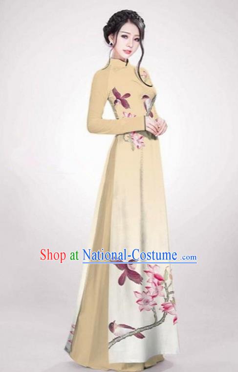 Top Grade Asian Vietnamese Traditional Dress, Vietnam Ao Dai Dress Khaki Cheongsam Clothing for Women