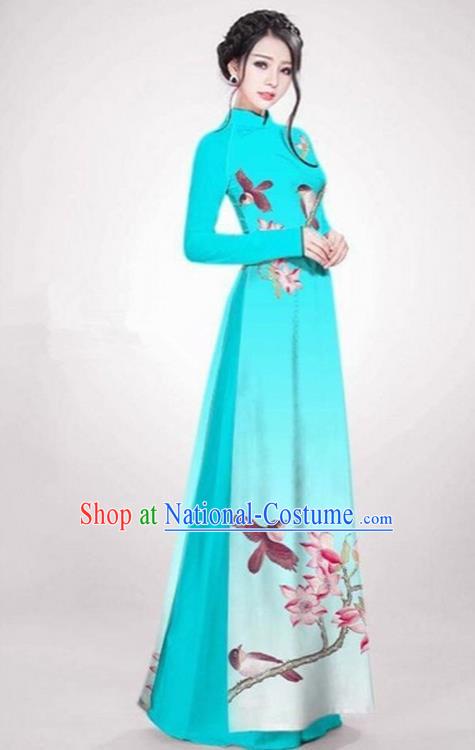 Top Grade Asian Vietnamese Traditional Dress, Vietnam Ao Dai Dress Blue Cheongsam Clothing for Women