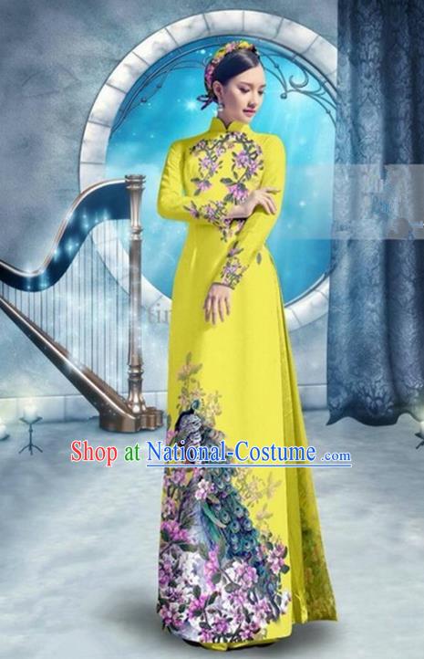 Top Grade Asian Vietnamese Traditional Dress, Vietnam Bride Ao Dai Dress, Princess Wedding Printing Peacock Lemon Yellow Cheongsam Clothing for Women