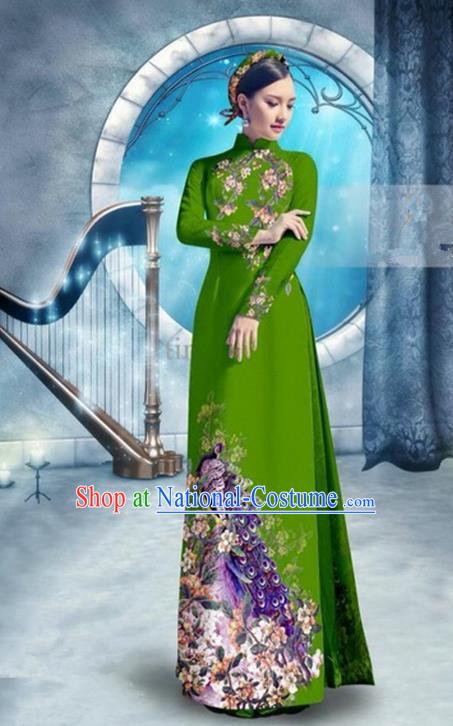 Top Grade Asian Vietnamese Traditional Dress, Vietnam Bride Ao Dai Dress, Princess Wedding Printing Peacock Deep Green Cheongsam Clothing for Women