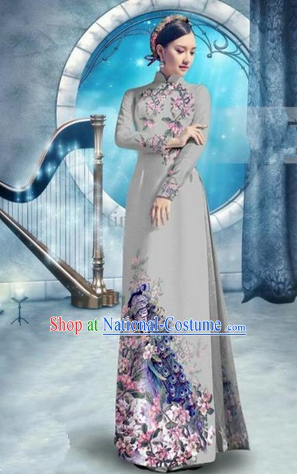 Top Grade Asian Vietnamese Traditional Dress, Vietnam Bride Ao Dai Dress, Princess Wedding Printing Peacock Grey Cheongsam Clothing for Women