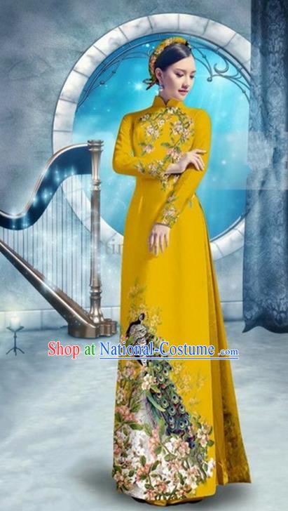 Top Grade Asian Vietnamese Traditional Dress, Vietnam Bride Ao Dai Dress, Princess Wedding Printing Peacock Yellow Cheongsam Clothing for Women