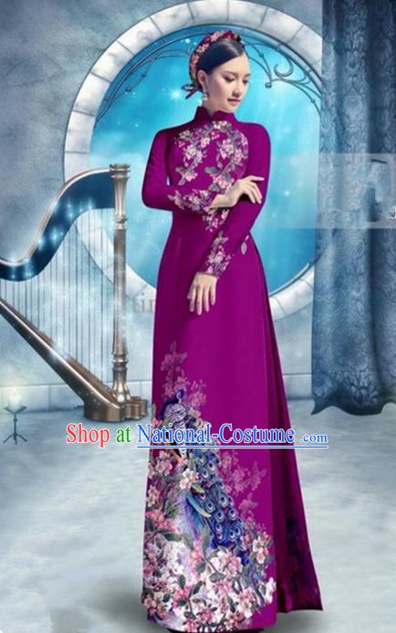 Top Grade Asian Vietnamese Traditional Dress, Vietnam Bride Ao Dai Dress, Princess Wedding Printing Peacock Wine Red Cheongsam Clothing for Women