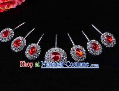 Chinese Ancient Peking Opera Hair Accessories Young Lady Seven stars Headwear, Traditional Chinese Beijing Opera Head Ornaments Hua Tan Red Crystal Hairpins