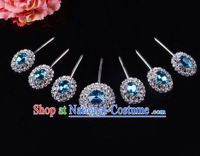 Chinese Ancient Peking Opera Hair Accessories Young Lady Seven stars Headwear, Traditional Chinese Beijing Opera Head Ornaments Hua Tan Blue Crystal Hairpins