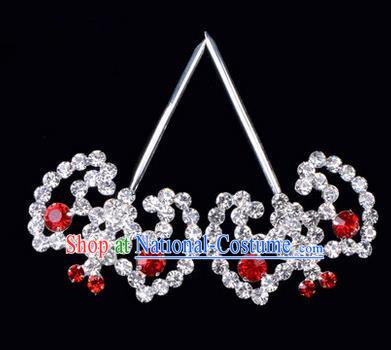 Chinese Ancient Peking Opera Hair Accessories Young Lady Bat Headwear, Traditional Chinese Beijing Opera Head Ornaments Hua Tan Red Crystal Hairpins