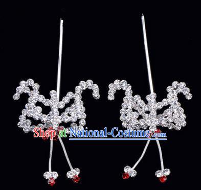 Chinese Ancient Peking Opera Hair Accessories Young Lady Headwear, Traditional Chinese Beijing Opera Head Ornaments Hua Tan Red Crystal Bat Hairpins