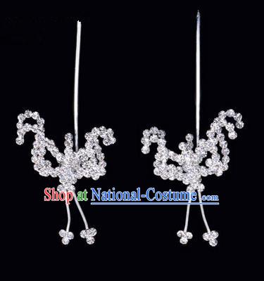 Chinese Ancient Peking Opera Hair Accessories Young Lady Headwear, Traditional Chinese Beijing Opera Head Ornaments Hua Tan White Crystal Bat Hairpins