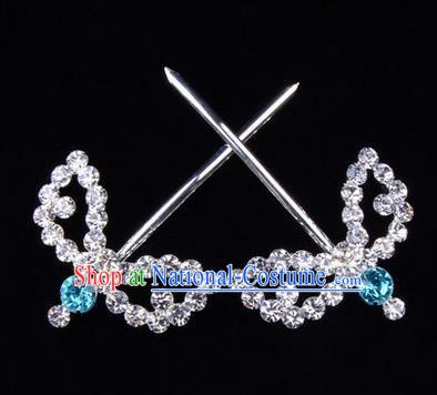 Chinese Ancient Peking Opera Hair Accessories Young Lady Headwear, Traditional Chinese Beijing Opera Head Ornaments Hua Tan Blue Crystal Willow Leaf Hairpins