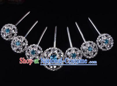 Chinese Ancient Peking Opera Hair Accessories Young Lady Headwear, Traditional Chinese Beijing Opera Head Ornaments Hua Tan Blue Crystal Hairpins Complete Set