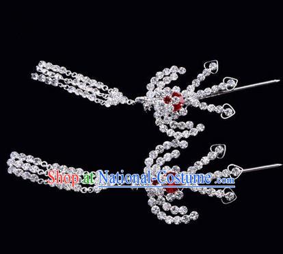 Chinese Ancient Peking Opera Hair Accessories Young Lady Headwear, Traditional Chinese Beijing Opera Head Ornaments Hua Tan Red Crystal Phoenix Hairpins