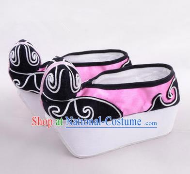 Chinese Ancient Peking Opera Young Men High Sole Shoes, Traditional China Beijing Opera Male Pink Embroidered Shoes