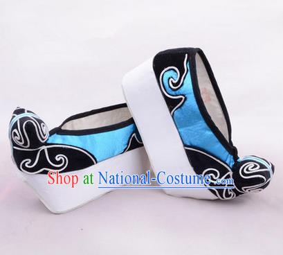 Chinese Ancient Peking Opera Young Men High Sole Shoes, Traditional China Beijing Opera Male Blue Embroidered Shoes