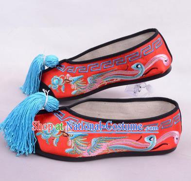 Chinese Ancient Peking Opera Young Lady Embroidered Phoenix Shoes, Traditional China Beijing Opera Female Red Embroidered Shoes