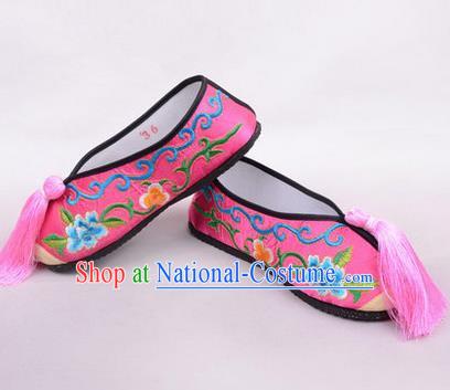 Chinese Ancient Peking Opera Young Lady Embroidered Hua Tan Shoes, Traditional China Beijing Opera Female Rosy Embroidered Shoes