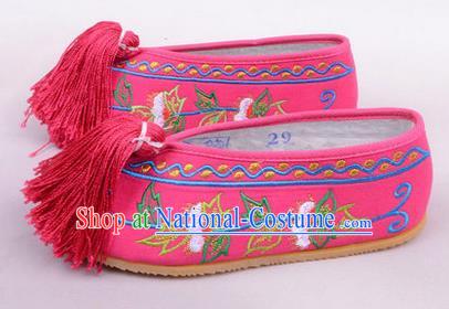 Chinese Ancient Peking Opera Young Lady Embroidered Hua Tan Shoes, Traditional China Beijing Princess Opera Rosy Embroidered Shoes