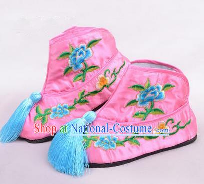 Chinese Ancient Peking Opera Martial Lady Embroidered Boots, Traditional China Beijing Princess Opera Pink Embroidered Shoes