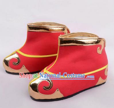 Chinese Ancient Peking Opera Martial Role Boots, Traditional China Beijing Opera Male Red Embroidered Shoes