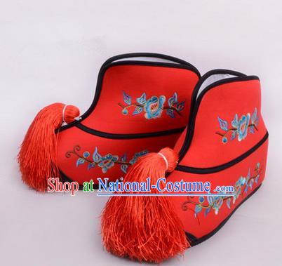 Chinese Ancient Peking Opera Blues Martial Lady Embroidered Boots, Traditional China Beijing Princess Opera Red Embroidered Shoes