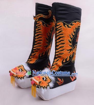 Chinese Ancient Peking Opera King Embroidered High Leg Boots, Traditional China Beijing Emperor Opera Black Embroidered Steller Shoes