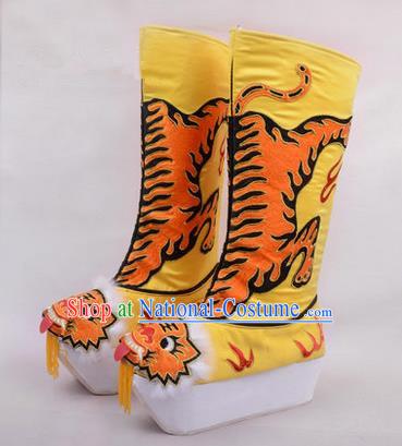 Chinese Ancient Peking Opera King Embroidered High Leg Boots, Traditional China Beijing Emperor Opera Yellow Embroidered Steller Shoes