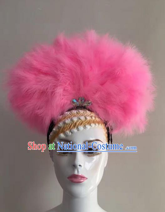 Top Grade Professional Stage Show Halloween Headpiece Hat, Brazilian Rio Carnival Samba Opening Dance Pink Feather Headwear for Women