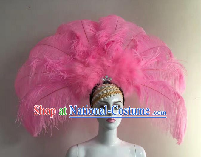 Top Grade Professional Stage Show Halloween Long Feather Headpiece Hat, Brazilian Rio Carnival Samba Opening Dance Pink Feather Headwear for Women