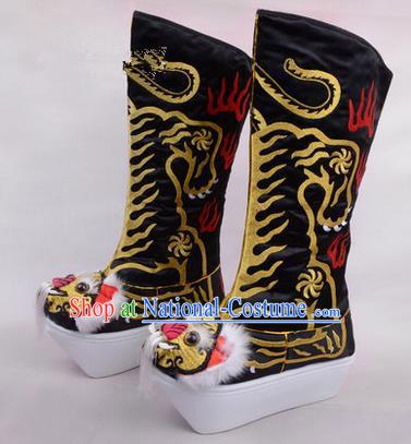 Chinese Ancient Peking Opera King Embroidered High Leg Boots, Traditional China Beijing Opera Emperor Black Embroidered Tiger-head High Sole Shoes