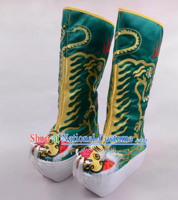 Chinese Ancient Peking Opera King Embroidered High Leg Boots, Traditional China Beijing Opera Emperor Green Embroidered Tiger-head High Sole Shoes