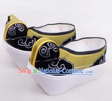 Chinese Ancient Peking Opera Scholar Young Men High Sole Shoes, Traditional China Beijing Opera Male Green Embroidered Shoes