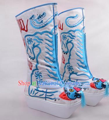 Chinese Ancient Peking Opera King Embroidered High Leg Boots, Traditional China Beijing Opera Emperor White Embroidered Tiger-head High Sole Shoes