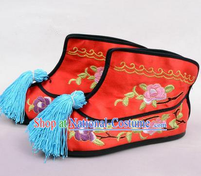 Chinese Ancient Peking Opera Martial Lady Embroidered Peony Boots, Traditional China Beijing Opera Princess Female Red Embroidered Shoes