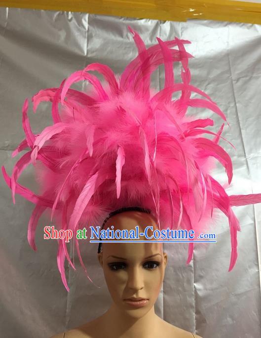 Top Grade Professional Stage Show Crystal Halloween Headpiece Hat, Brazilian Rio Carnival Samba Opening Dance Pink Feather Headwear for Women