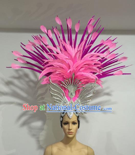 Top Grade Professional Stage Show Halloween Headpiece Pink Feather Hat, Brazilian Rio Carnival Samba Opening Dance Imperial Empress Hair Accessories Headwear for Women