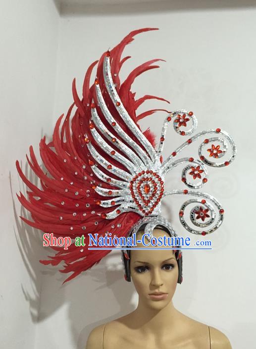 Top Grade Professional Stage Show Halloween Giant Headpiece Red Feather Big Hair Accessories Decorations, Brazilian Rio Carnival Samba Opening Dance Hat Headwear for Women