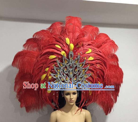 Top Grade Professional Stage Show Giant Headpiece Red Feather Big Hair Accessories Decorations, Brazilian Rio Carnival Samba Opening Dance Hat Headwear for Women