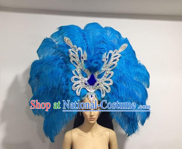 Top Grade Professional Stage Show Giant Headpiece Blue Feather Big Hair Accessories Butterfly Decorations, Brazilian Rio Carnival Samba Opening Dance Hat Headwear for Women