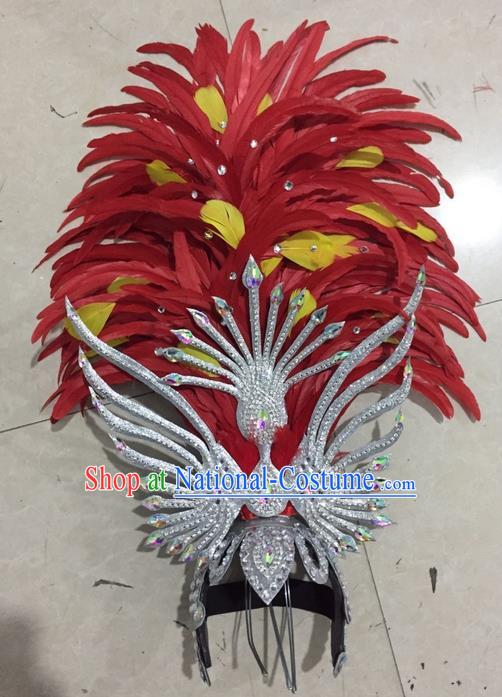 Top Grade Professional Stage Show Halloween Headpiece Red Feather Hat, Brazilian Rio Carnival Samba Opening Dance Imperial Empress Hair Accessories Headwear for Women