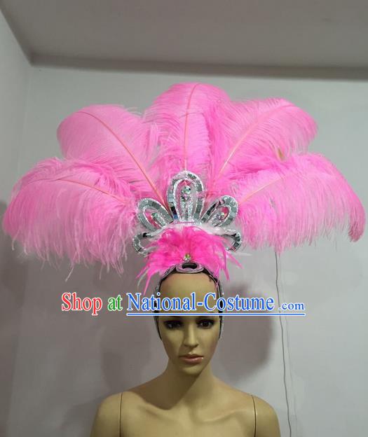 Top Grade Professional Stage Show Giant Headpiece Pink Feather Hair Accessories Decorations, Brazilian Rio Carnival Samba Opening Dance Headwear for Women