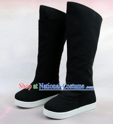 Chinese Ancient Peking Opera Officer Embroidered Court High Leg Boots, Traditional China Beijing Opera Black Cloth Shoes