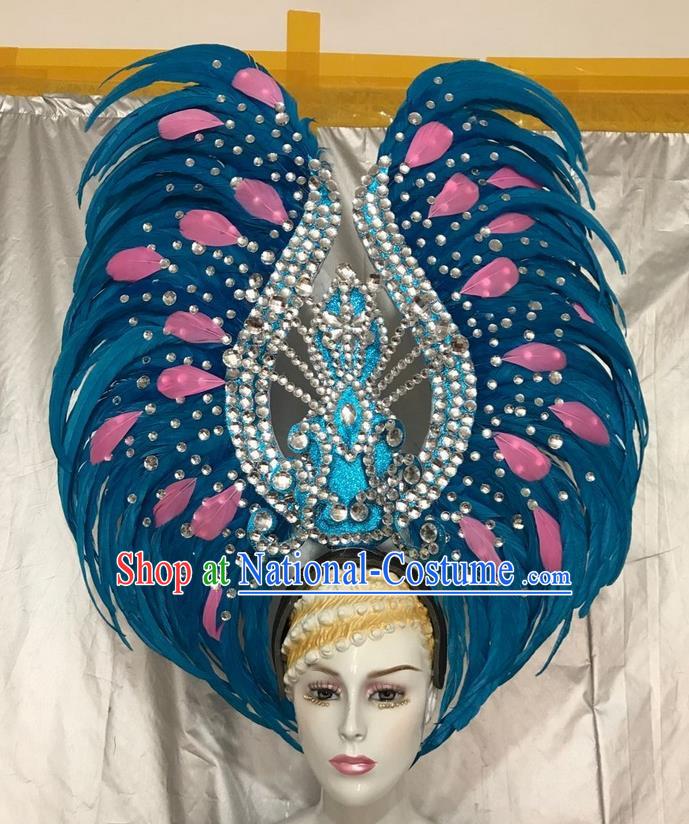 Top Grade Professional Stage Show Giant Headpiece Blue Feather Hair Accessories Crystal Decorations, Brazilian Rio Carnival Samba Opening Dance Headwear for Women