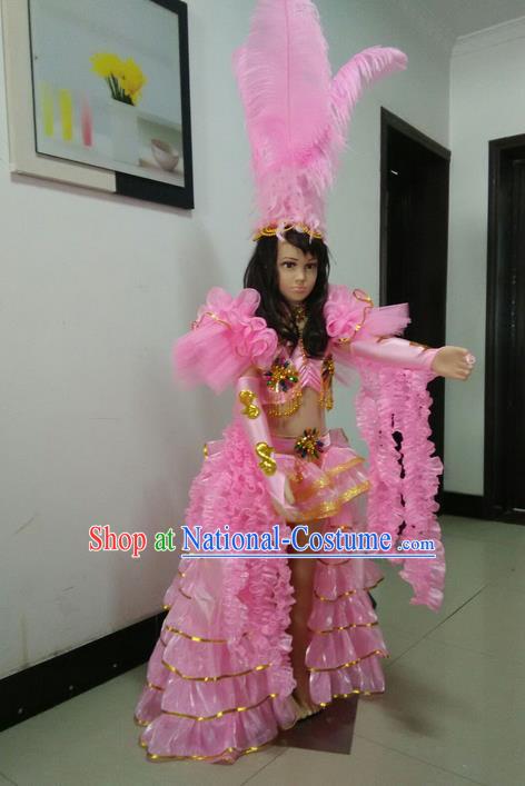 Top Grade Professional Performance Catwalks Swimsuit Costume and Headpiece, Traditional Brazilian Rio Carnival Samba Suits Modern Fancywork Pink Feather Bikini Clothing for Kids