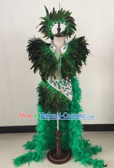 Top Grade Professional Performance Catwalks Swimsuit Costume, Traditional Brazilian Rio Carnival Samba Suits Modern Fancywork Green Feather Clothing for Kids