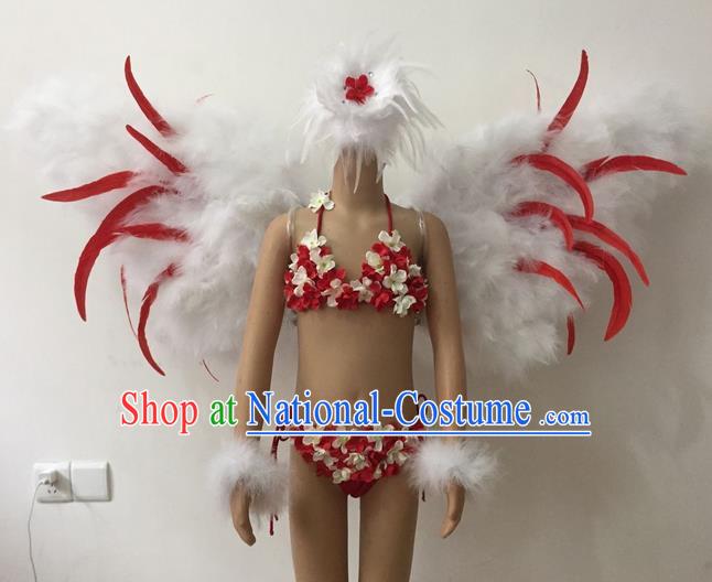 Top Grade Professional Performance Catwalks Bikini Swimsuit with Wings, Traditional Brazilian Rio Carnival Samba Modern Fancywork Feather Clothing for Kids