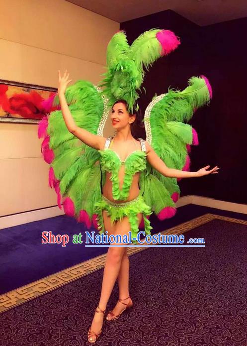 Top Grade Professional Performance Catwalks Bikini Swimsuit with Wings, Traditional Brazilian Rio Carnival Samba Modern Fancywork Green Feather Clothing for Women