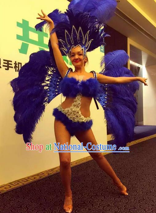 Top Grade Professional Performance Catwalks Bikini Swimsuit with Wings, Traditional Brazilian Rio Carnival Samba Modern Fancywork Blue Feather Clothing for Women