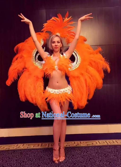 Top Grade Professional Performance Catwalks Bikini Swimsuit with Wings, Traditional Brazilian Rio Carnival Samba Modern Fancywork Orange Feather Clothing for Women