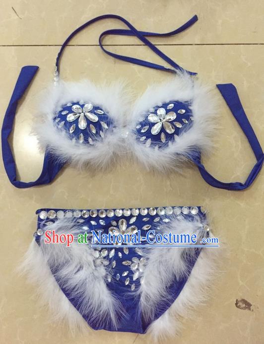 Top Grade Professional Performance Catwalks Bikini Swimsuit, Traditional Brazilian Rio Carnival Samba Modern Fancywork Blue Feather Clothing for Women